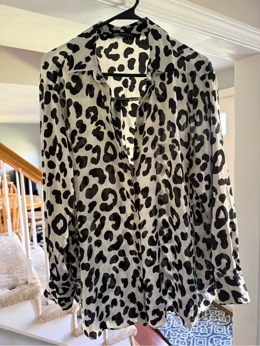 Zara Black and White Leopard Print Button-Down Shirt